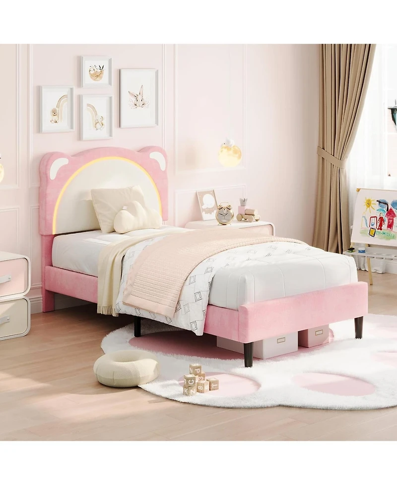 gaomon Twin Velvet Upholstered Bed Frame with Smart Led Headboard, Wooden Slats, Platform Design, No Box Spring Required
