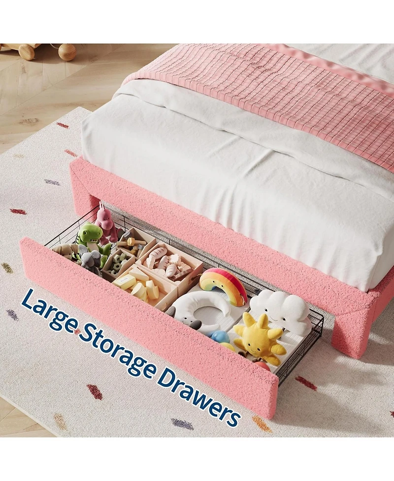 gaomon Full Bed Frame with Adjustable Headboard, Storage Drawer, Boucle Fabric, Led Light, Wooden Slats, No Box Spring