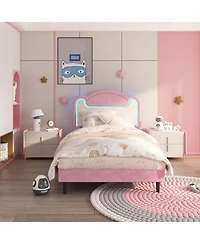 gaomon Upholstered Platform Bed with Led and Fabric Headboard, Princess Style, Pink White, Wood Slats