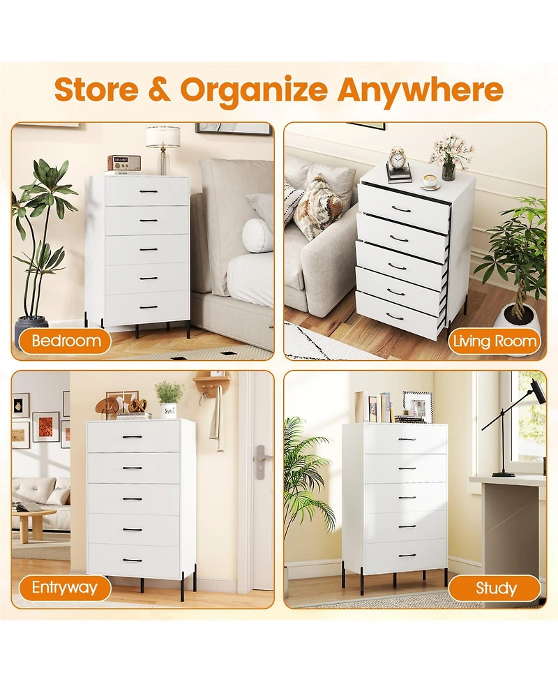 Sugift Five Drawer Tall Chest of Drawers with Metal Legs