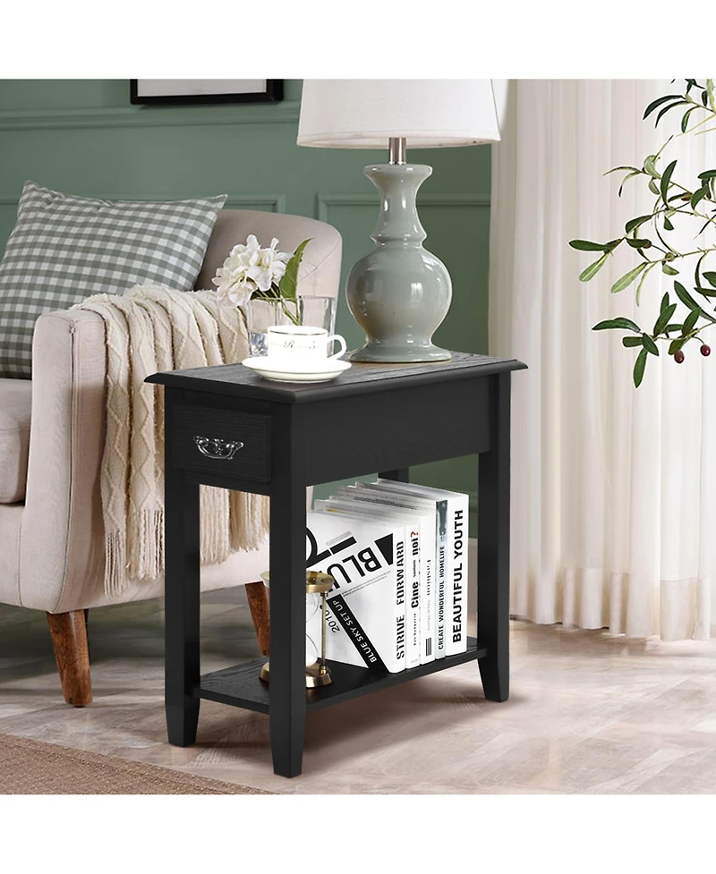 Gymax 2 Tier End Bedside Sofa Side Table Narrow Nightstand w/Drawer andShelf