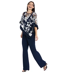 R & M Richards Women's Floral Crewneck Poncho and Pants, 2-Piece Set
