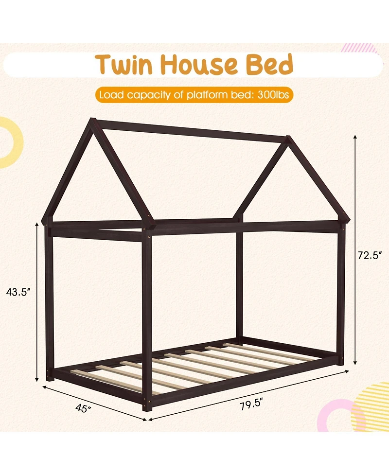 Sugift Kids Platform Floor Bed with Roof and Heavy Duty Slats