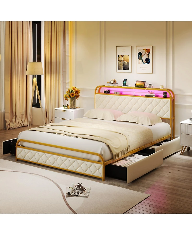 Sugift Platform Bed Frame with Led Lights and Charging Station