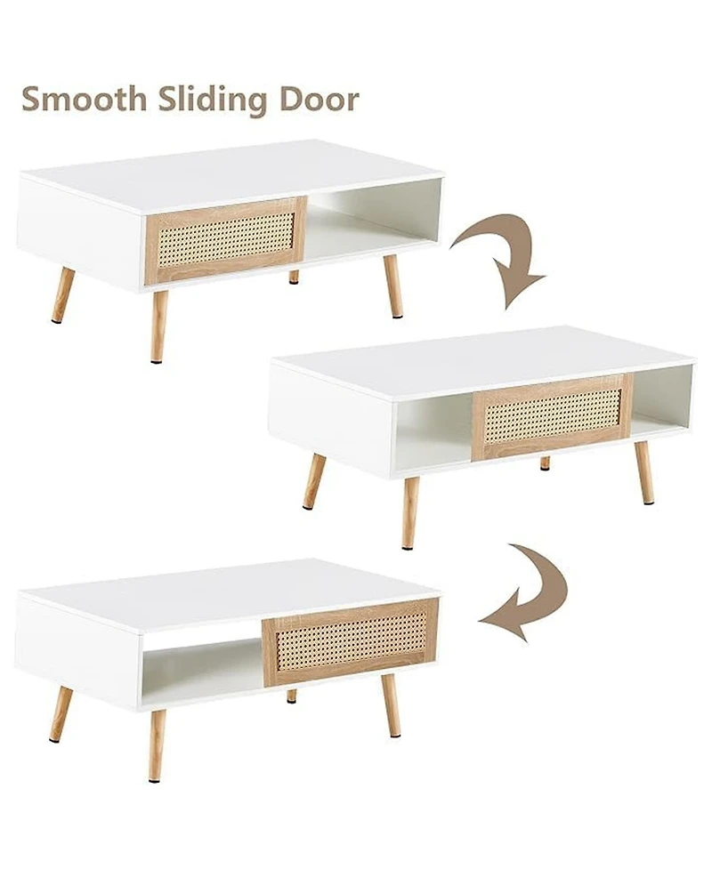 Rainsken Rattan Coffee Table, Rectangle Wooden Center Tables with Sliding Door and Solid Wood Legs for Living Room, Home Office