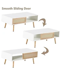 Rainsken Rattan Coffee Table, Rectangle Wooden Center Tables with Sliding Door and Solid Wood Legs for Living Room, Home Office