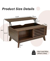 Rainsken Lift Top Coffee Table with Storage, Mid Century Modern Center Table with Sliding Slatted Door and Hidden Compartment for Living Room