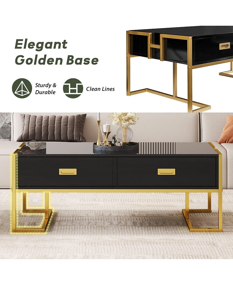 Rainsken Rectangular Coffee Table, Modern 47.4" Center Table with 4 Drawers and Gold Metal Base for Living Room, Home Office