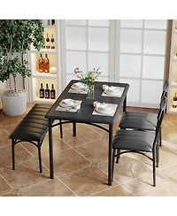 gaomon 5 Piece Dining Set for 4, Rectangular Metal Frame Table with Bench & Upholstered Chairs, Space Saving Dining Set