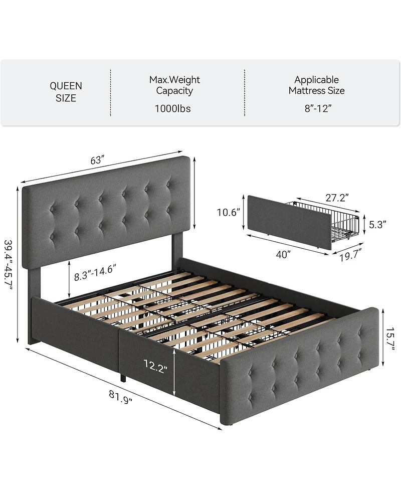 gaomon Queen Upholstered Platform Bed Frame with Adjustable Headboard, Storage Drawer, Heavy Duty, No Box Spring