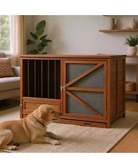 Aostirmotor 43" Solid Wood Dog Crate Furniture End Table with Rotating Feeder and Removable Tray