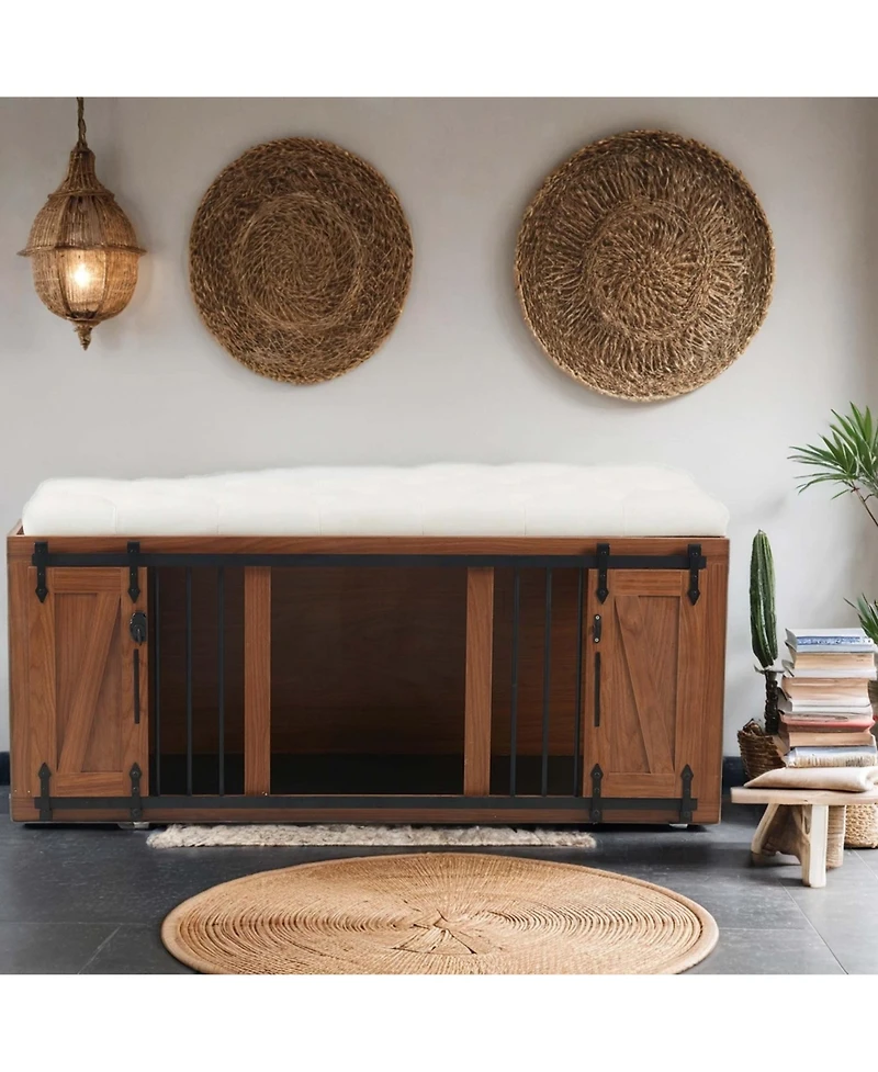 Aostirmotor 56" Walnut 2-in-1 Dog Crate Furniture with Padded Seat and Sliding Barn Door