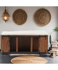 Aostirmotor 56" Walnut 2-in-1 Dog Crate Furniture with Padded Seat and Sliding Barn Door