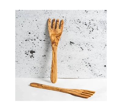 Gharyan Stoneware, Olive Wood Serving Spatula Forks - Pair