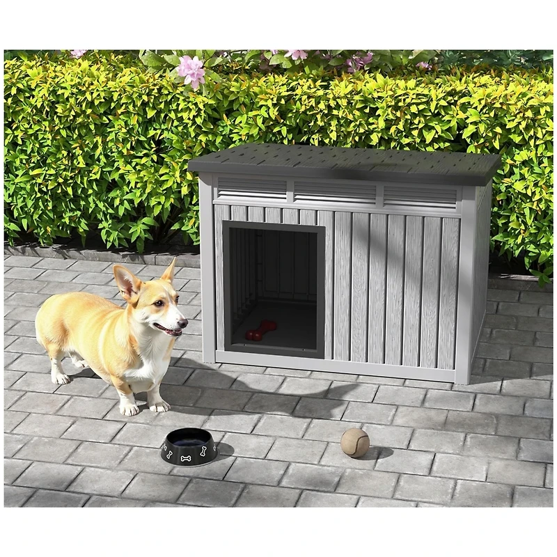 Decksplore 259 inclined top air pole kennel gray and black Spacious All Season Dog Cage with Elevated Base Weatherproof Construction