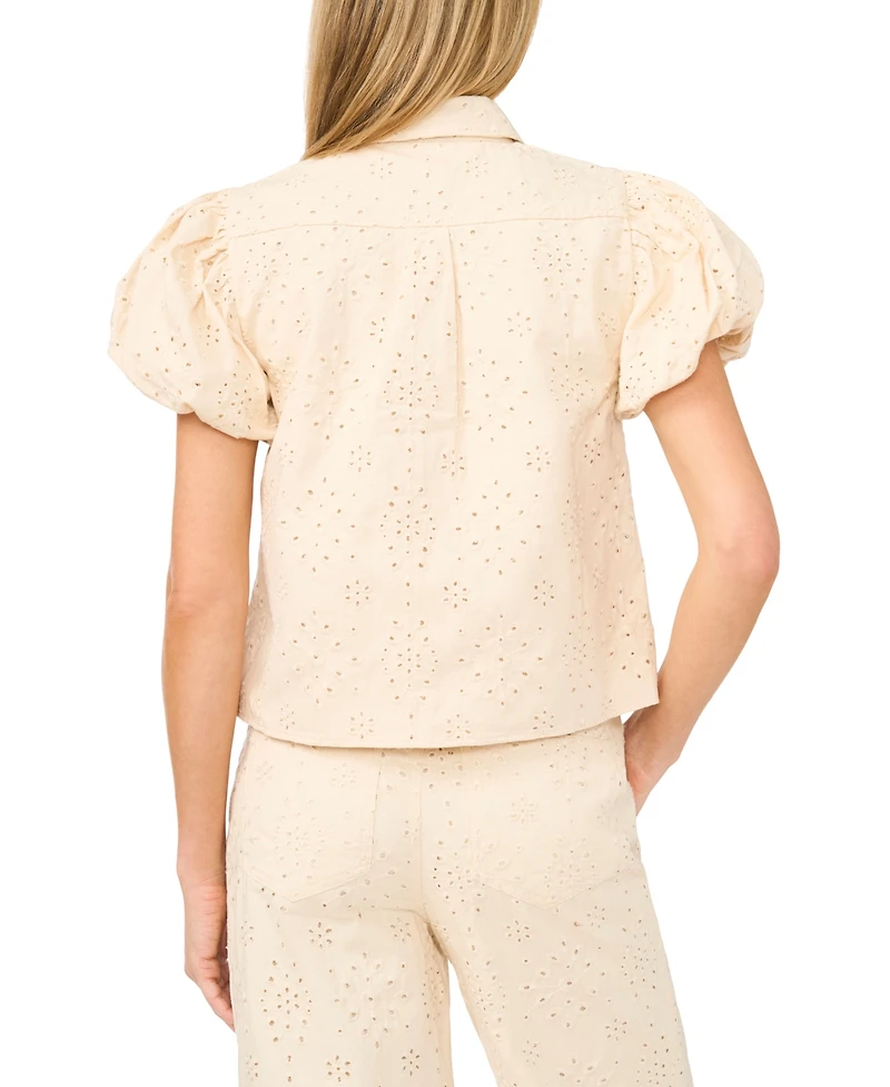 CeCe Women's Collared Puff-Sleeve Cotton Shirt