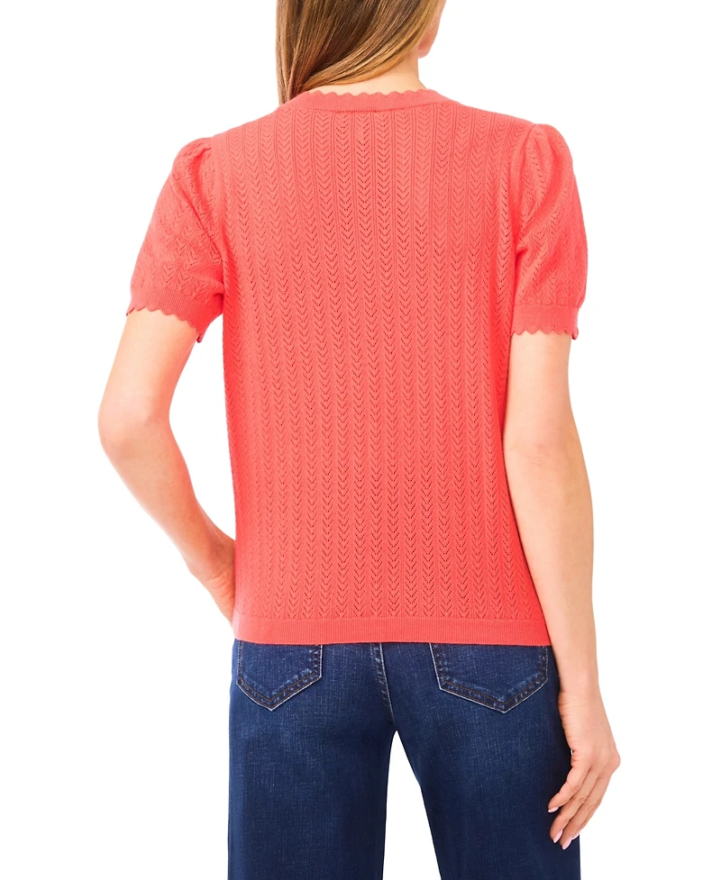 CeCe Women's Crew Neck Pointelle Sweater