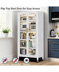 Rainsken 5 Tier Metal Display Storage Cabinet with Transparent Door, Adjustable Shelves and Wheels, Food Pantries Cabinets for Kitchen, Dining Room