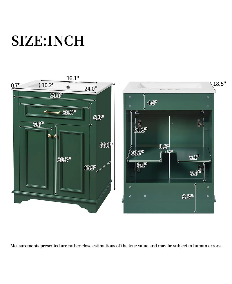 Sillysis 24" Bathroom Vanity with Ceramic Sink, Modern Freestanding Mdf Cabinet, Tip-Out Drawer Soft Close Door for Small Bathrooms