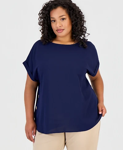 Jones New York Plus Side-Button Boat Neck Top