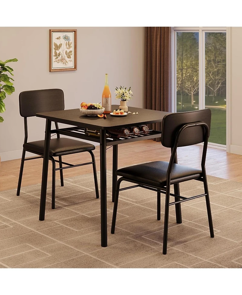 gaomon Modern 3-Piece Dining Set for 2, Durable Metal Frame Table, Upholstered Chairs with Storage Rack, Perfect for Apartments