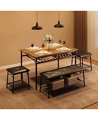 gaomon 4-Piece Square Dining Table Set, Wood Table with 2 Upholstered Chairs & Bench, Metal Frame, Storage for Small Space