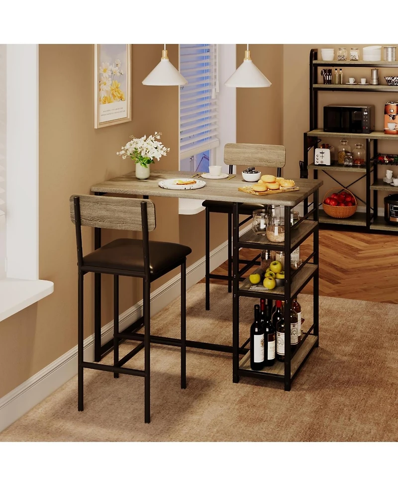 gaomon 3-Piece Bar Table Set, Dining Table & 2 Cushion Stools, Tall Breakfast Nook with Storage Shelves for Apartment