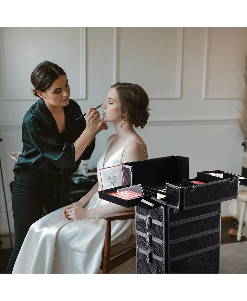 Byootique 4in1 Rolling Makeup Case with 2 Makeup Brush Bag, Cosmetic Train Case on Wheels for Makeup Artist Travel Hairstylist