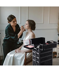 Byootique 4in1 Rolling Makeup Case with 2 Makeup Brush Bag, Cosmetic Train Case on Wheels for Makeup Artist Travel Hairstylist