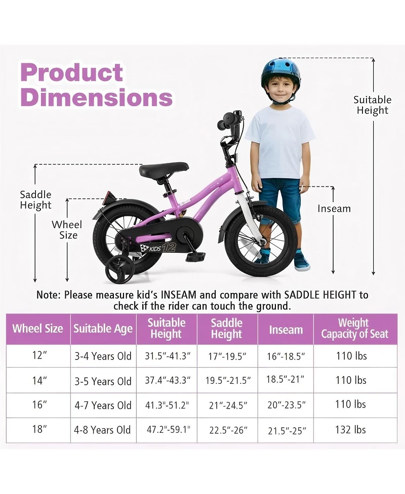 Hongge Kids Bike 12 Inch Children Training Bicycle with 2 Brake for 3-4 Years Old