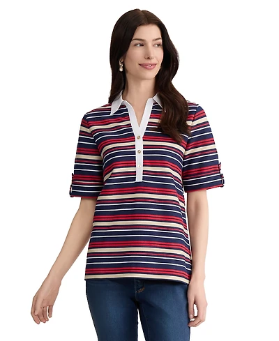 Jones New York Petite Collared Neck Elbow Roll Cuff T-Shirt