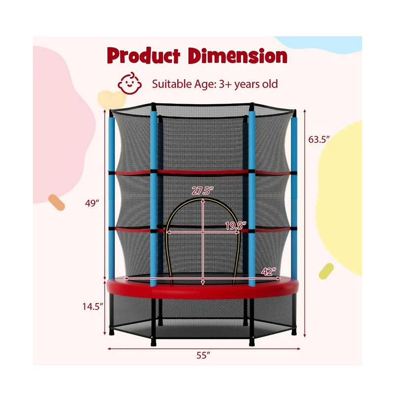 Hongge Kids Trampoline Recreational Bounce Jumper with Safety Enclosure Net