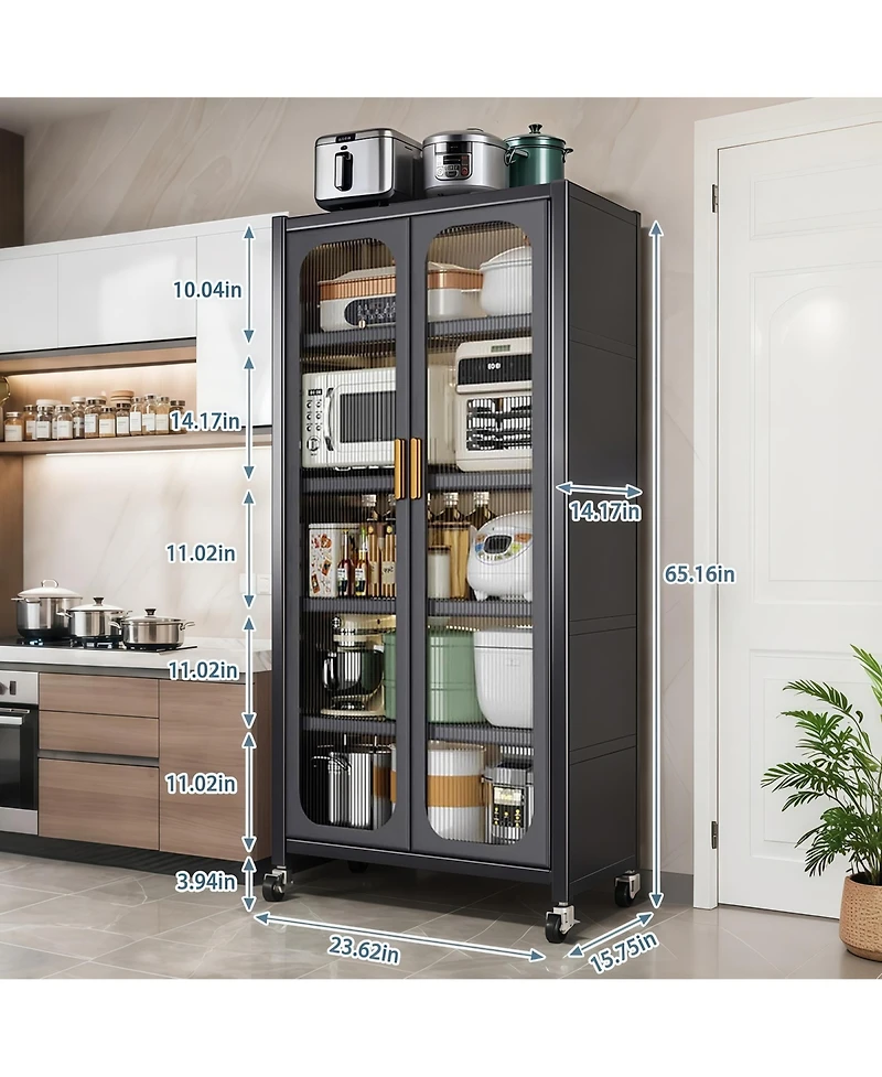 Rainsken 5 Tier Metal Display Storage Cabinet with Transparent Door, Adjustable Shelves and Wheels, Food Pantries Cabinets for Kitchen