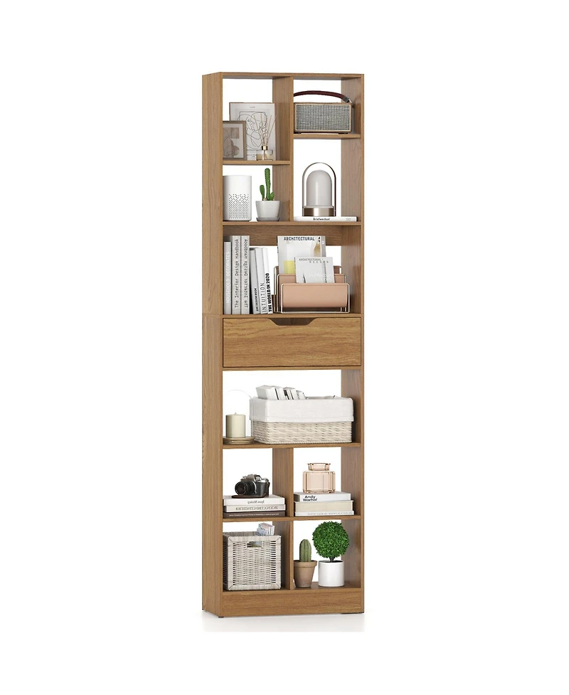 Slickblue 71 Inch Bookcase with Drawer and 10 Storage Compartments