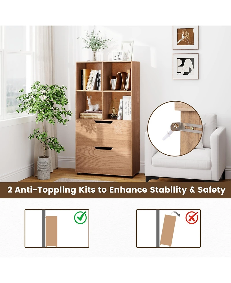 Sugift Tall Freestanding Bookcase with Drawers and Open Shelves