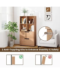 Sugift Tall Freestanding Bookcase with Drawers and Open Shelves