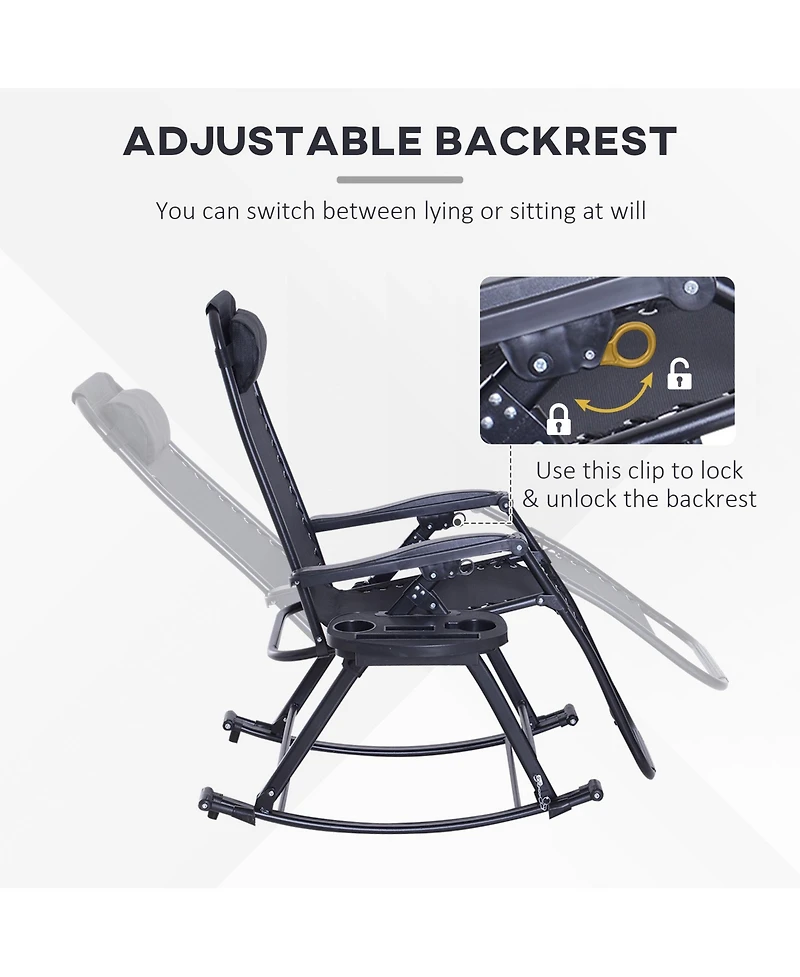 Outsunny Zero Gravity Reclining Rocking Chair, Lounge Rocker, Folding, Pillow, Side Tray, Cup and Phone Holder