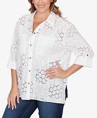 Ruby Rd. Plus Patchwork Eyelet Roll-Tab Sleeve Top