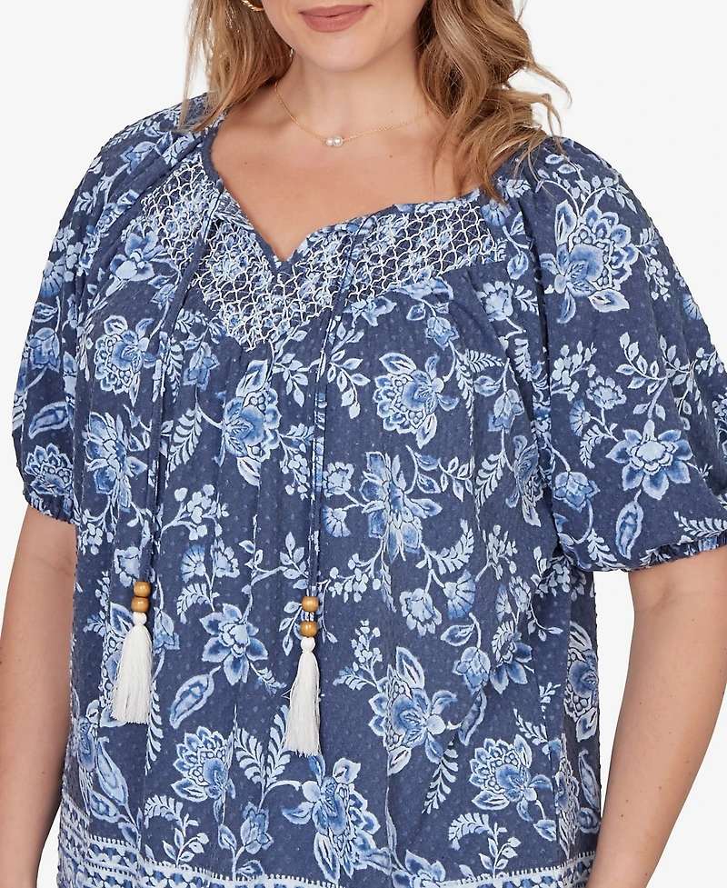 Ruby Rd. Plus Smocked Floral Clip Dot Top