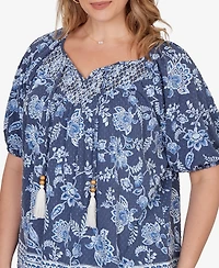 Ruby Rd. Plus Smocked Floral Clip Dot Top