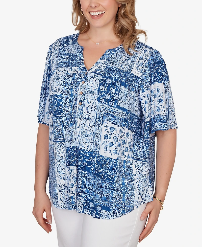 Ruby Rd. Plus Patchwork Bandana Henley T-Shirt