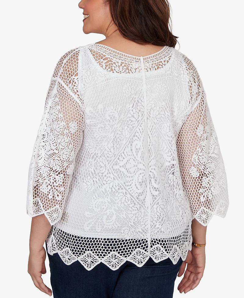 Ruby Rd. Plus Size Scalloped Medallion Crochet Lined Lace Top