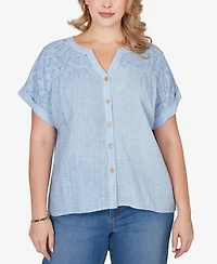 Ruby Rd. Plus Paisley Embroidered Gauze Button T-Shirt