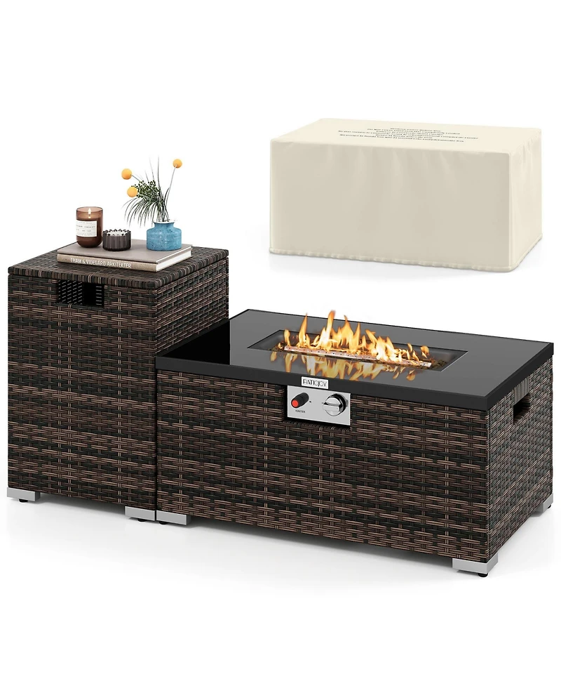 Sugift 2-Piece Outdoor Rattan Fire Table Set 32 Inch Rectangle Gas Firepit with Tank Cover