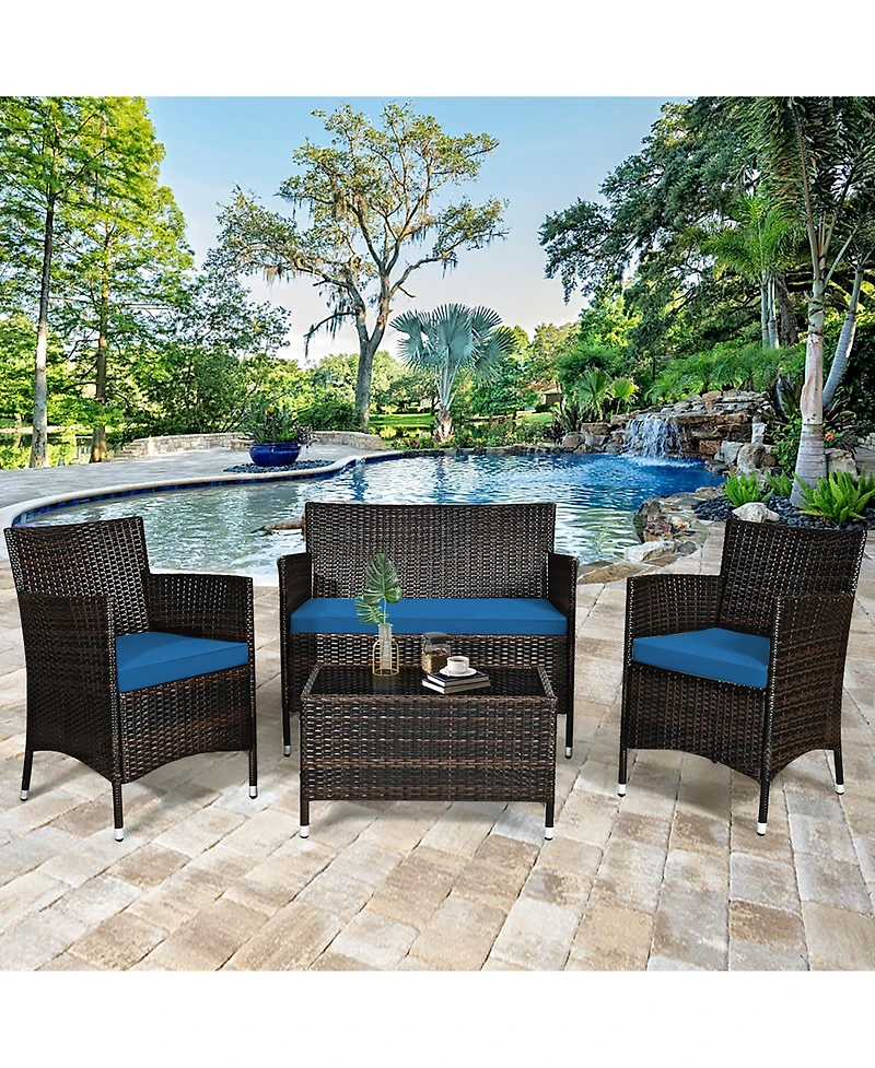 Gymax Set of Outdoor Patio Rattan Conversation Furniture Set w/ Cushion Table