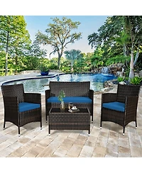Gymax Set of Outdoor Patio Rattan Conversation Furniture Set w/ Cushion Table