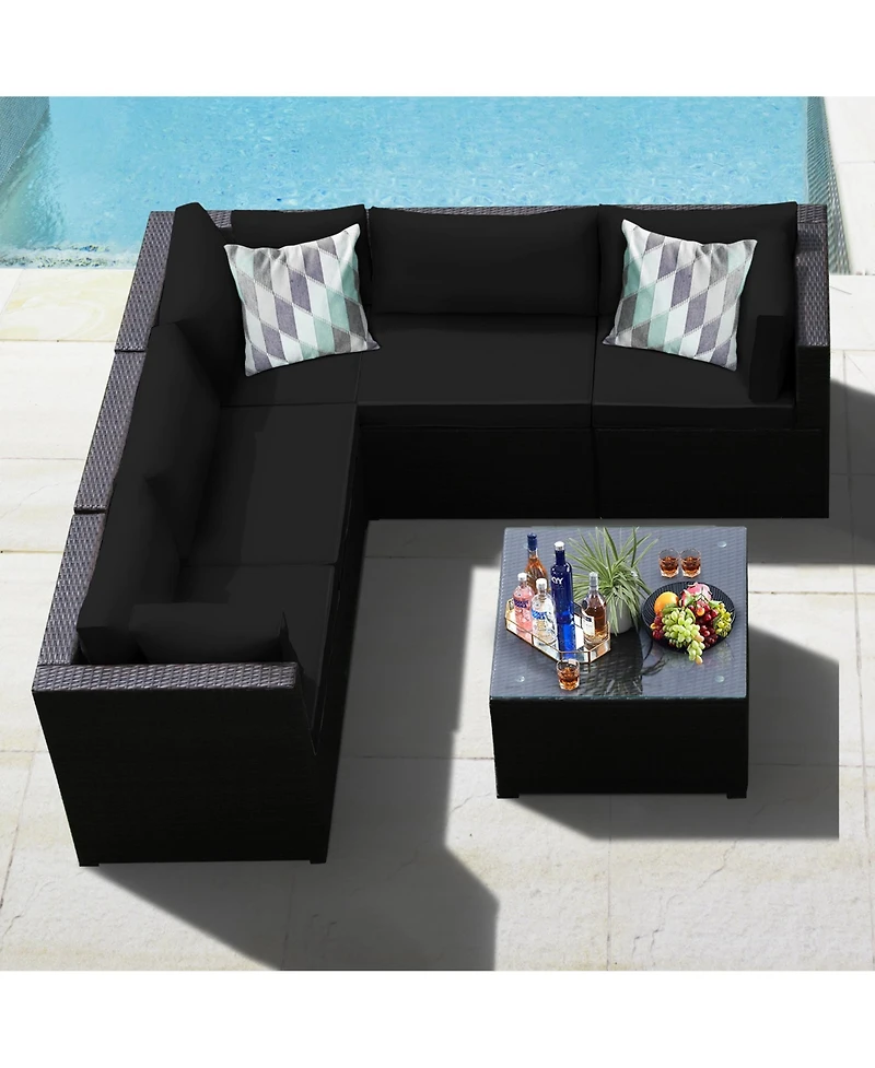 Gymax 6PCS Rattan Patio Sectional Sofa Conversation Set Outdoor w/ Cushions