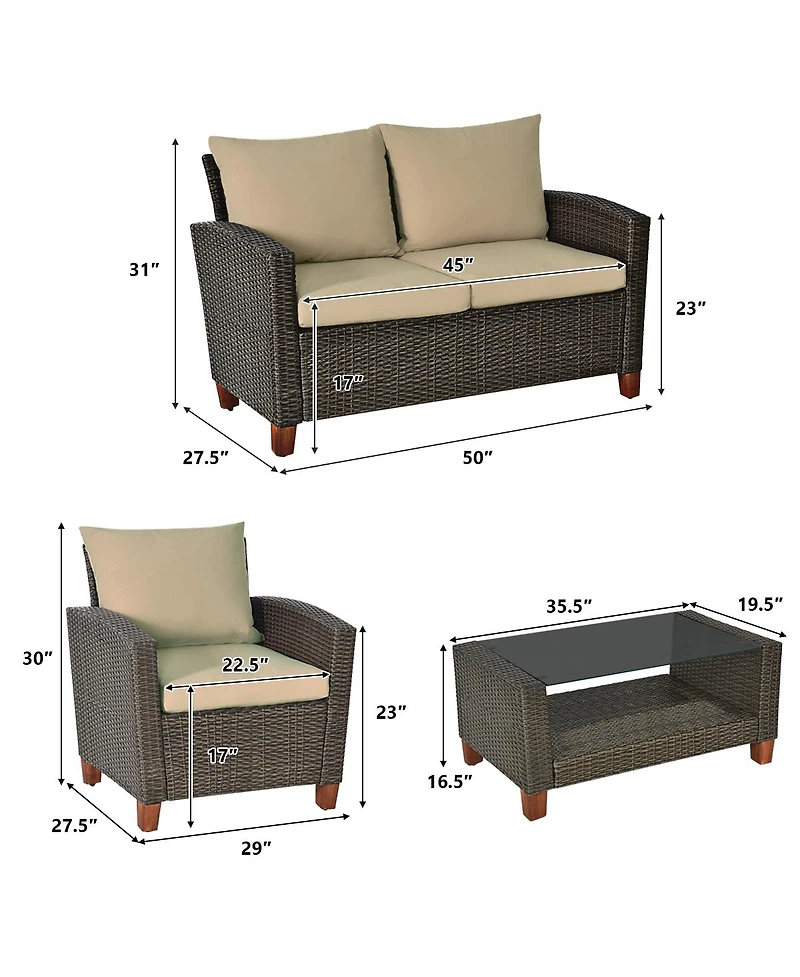 Gymax 4PCS Cushioned Rattan Conversation Set w/ Coffee Table Patio Outdoor