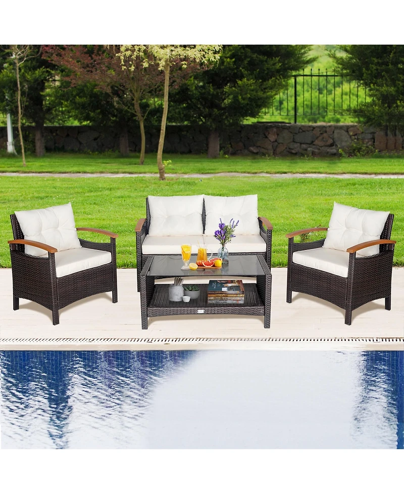 Gymax 4PCS Patio Conversation Set Rattan Sofa Furniture Set w/ Off Cushions