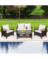 Gymax 4PCS Patio Conversation Set Rattan Sofa Furniture Set w/ Off Cushions